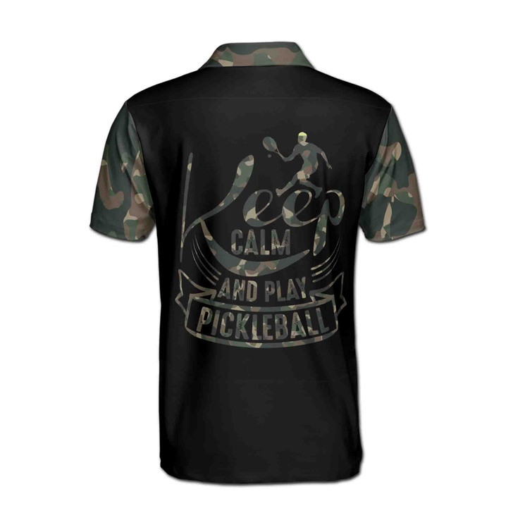 Custom Name Pickleball Keep Calm And Play Camo Black 3D Men's Polo Shirt S-5XL