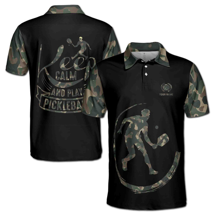 Custom Name Pickleball Keep Calm And Play Camo Black 3D Men's Polo Shirt S-5XL
