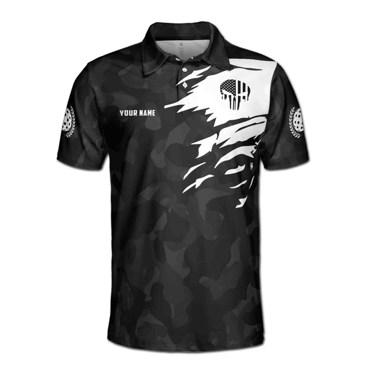 Custom Name Pickleball Happy People Skull USA Black 3D Men's Polo Shirt S-5XL