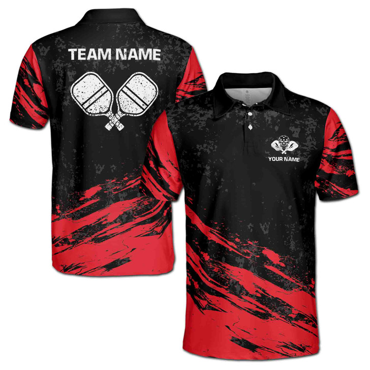 Custom Name Pickleball Paddle Grunge Black Red 3D Men's Polo Shirt S-5XL