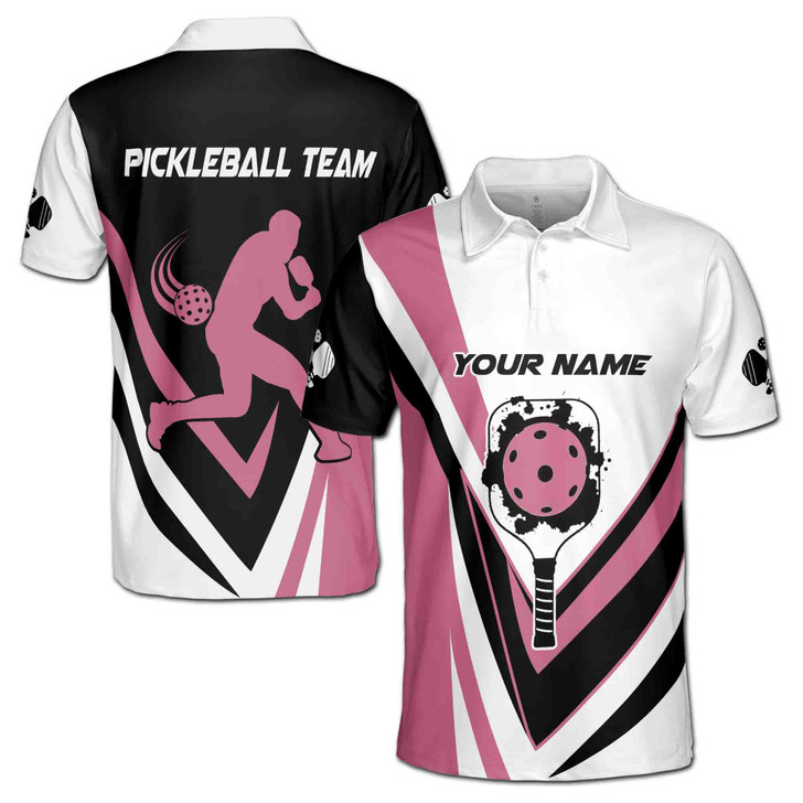 Custom Name Pickleball Paddle Player Black White Pink 3D Men's Polo Shirt S-5XL