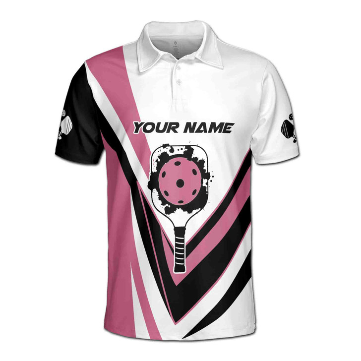 Custom Name Pickleball Paddle Player Black White Pink 3D Men's Polo Shirt S-5XL