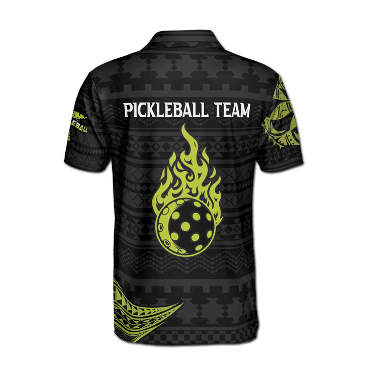 Custom Name Pickleball Paddle Fiery Tribal Black Green 3D Men's Polo Shirt S-5XL