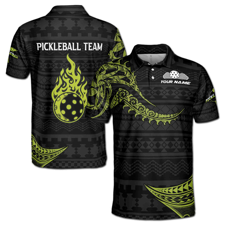 Custom Name Pickleball Paddle Fiery Tribal Black Green 3D Men's Polo Shirt S-5XL