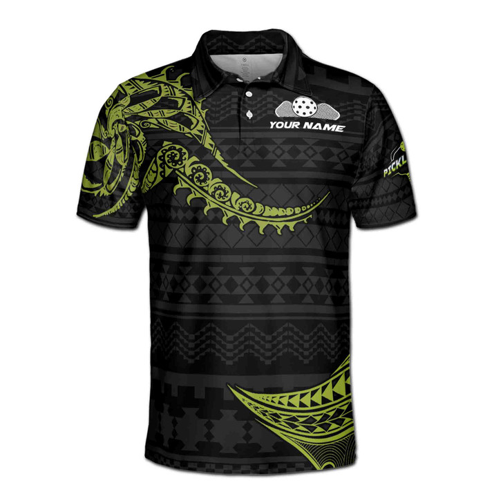 Custom Name Pickleball Paddle Fiery Tribal Black Green 3D Men's Polo Shirt S-5XL