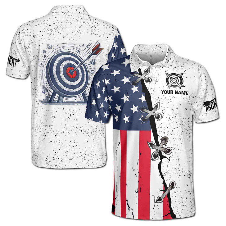 Custom Name Archery Arrow Board Stitches USA White 3D Men's Polo Shirt S-5XL