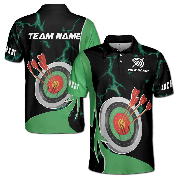 Custom Name Archery Bow Arrow Lightning Black Green 3D Men's Polo Shirt S-5XL