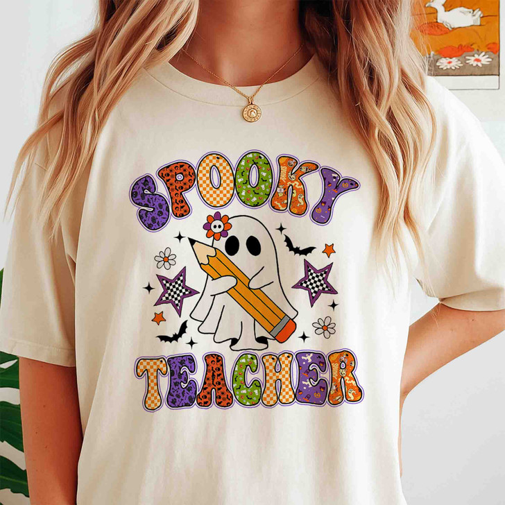 Preppy Spooky Teacher Retro Halloween Ghost Shirt Adult T Shirt S-5XL