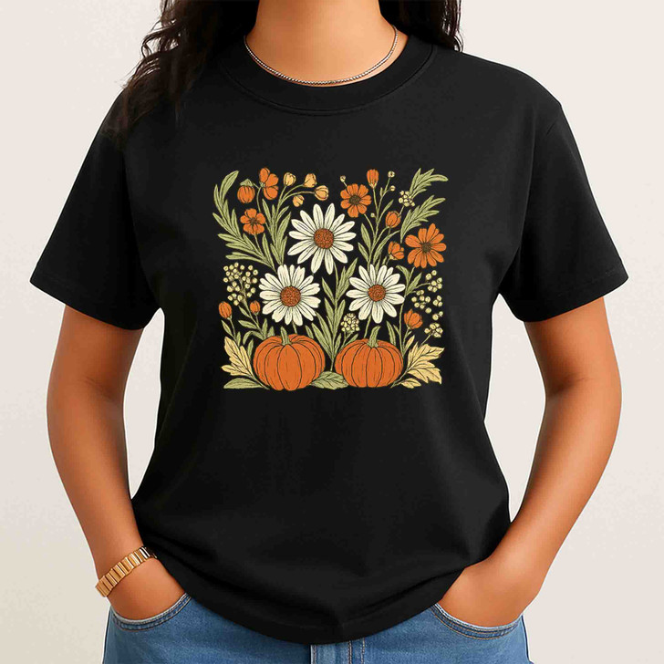 Boho Fall Floral Retro Pumpkin Shirt Adult T Shirt S-5XL
