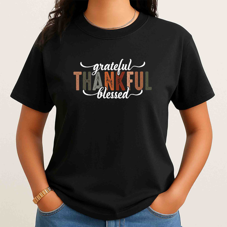 Thankful Grateful Blessed Pumpkin Shirt Adult T Shirt S-5XL
