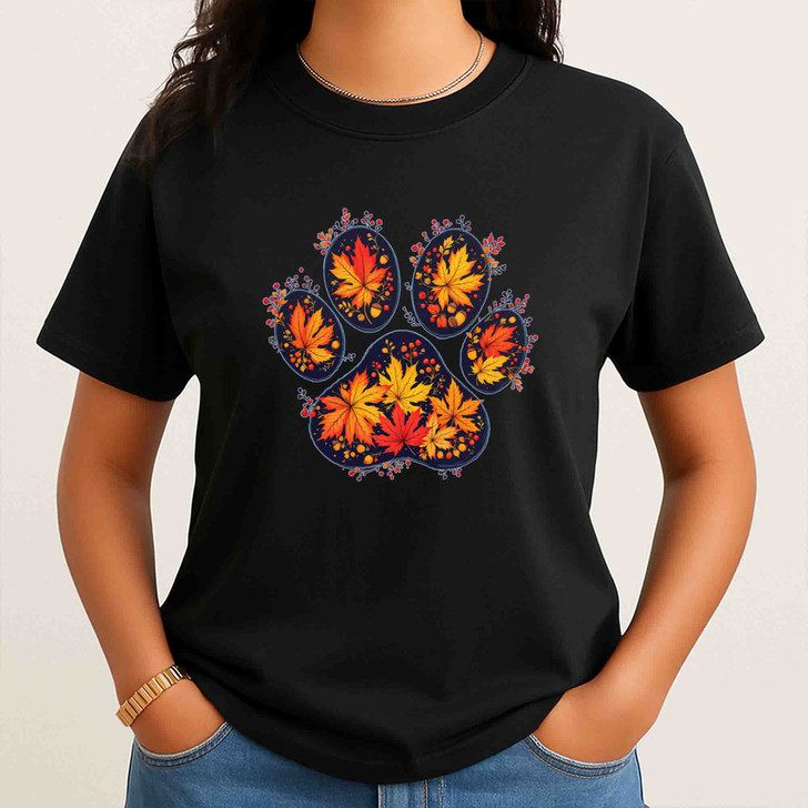Autumn Leaves Dog Paw Fall Shirt Adult T Shirt S-5XL
