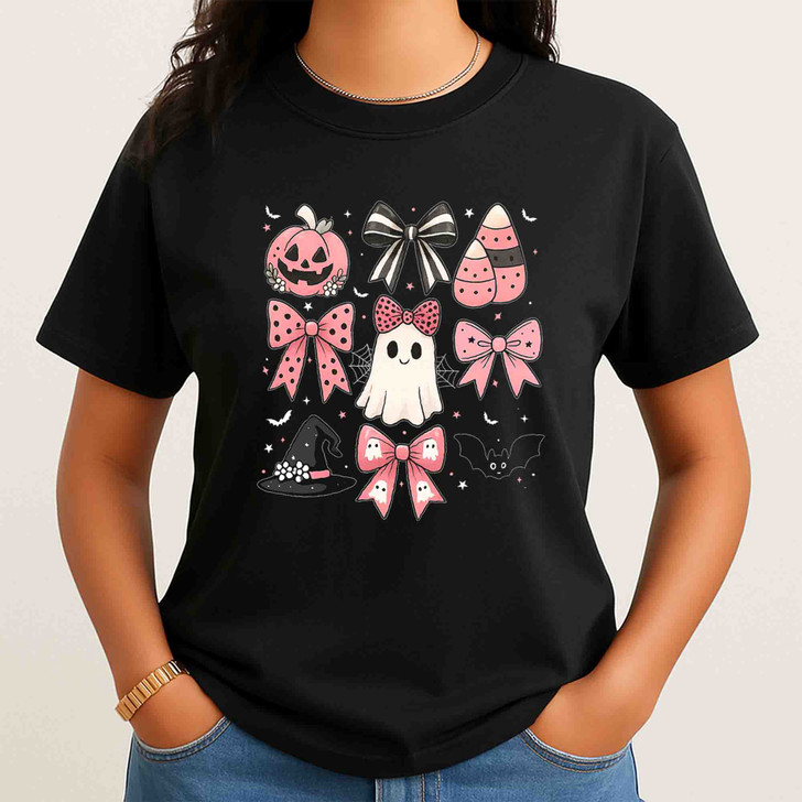 Pink Bow Coquette Halloween Pumpkin Shirt Adult T Shirt S-5XL