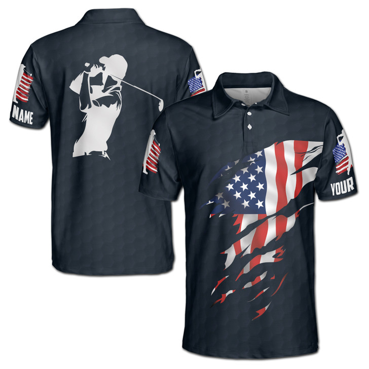 Custom Name Golf Player USA Flag Dark Blue 3D Men's Polo Shirt S-5XL