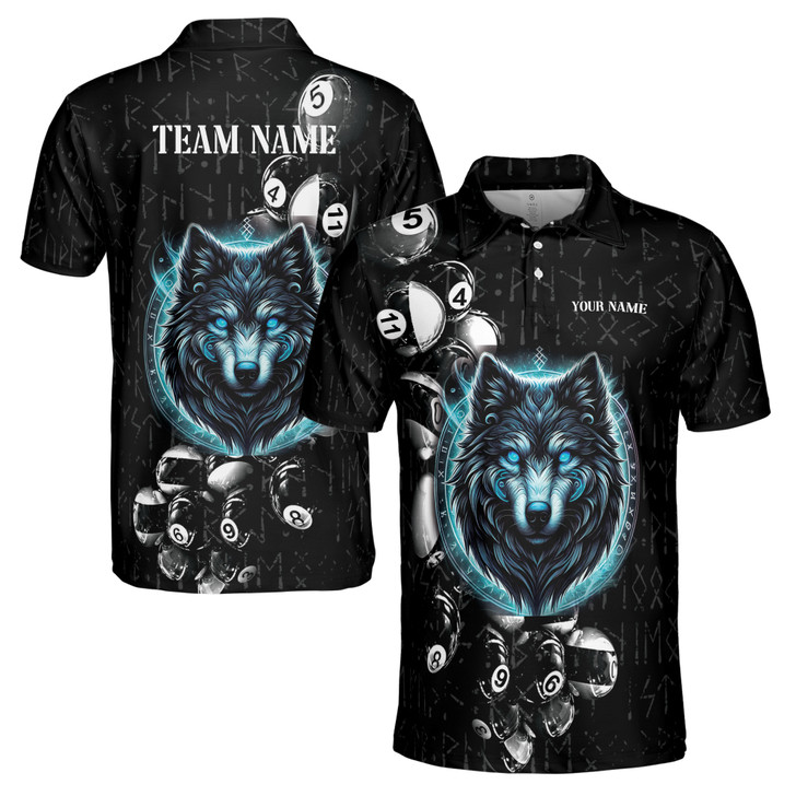Custom Name Team Cool Wolf & Billiards Viking Pattern Men's Polo Shirt S-5XL
