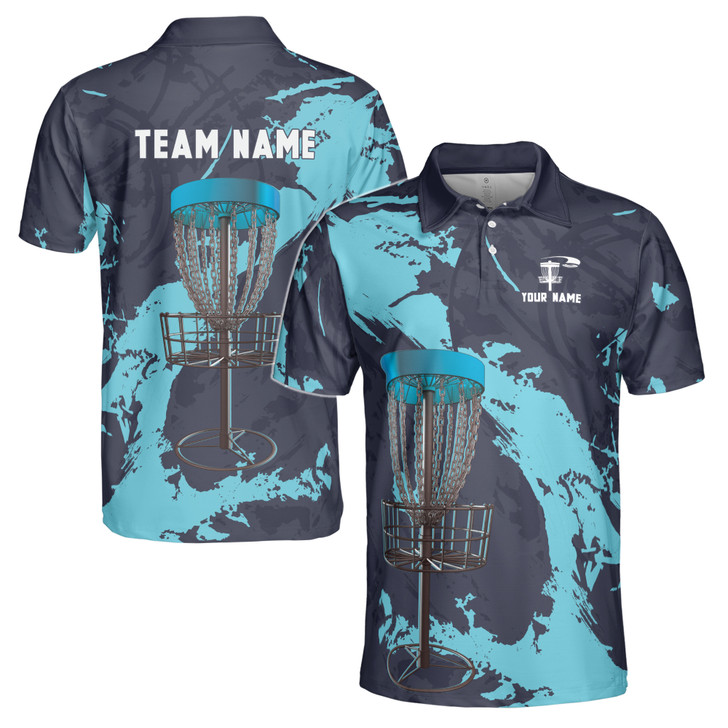 Customize Name Blue Abstract Disc Golf Basket 3D Men's Polo Shirt S-5XL, Gift for Disc Golf Players