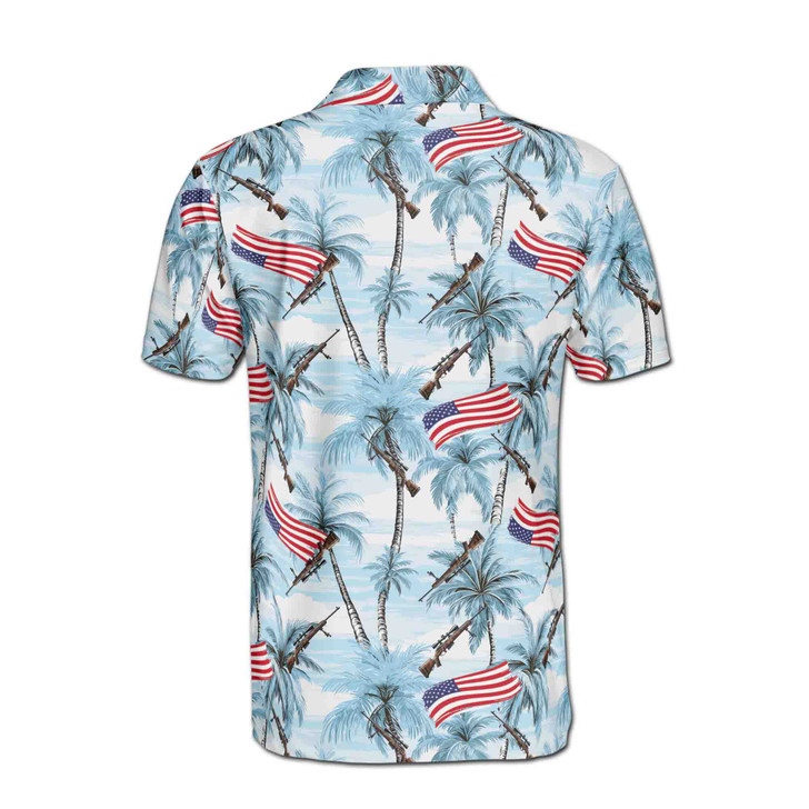 Gun Palm Tree USA Flag Blue 3D Men's Polo Shirt S-5XL