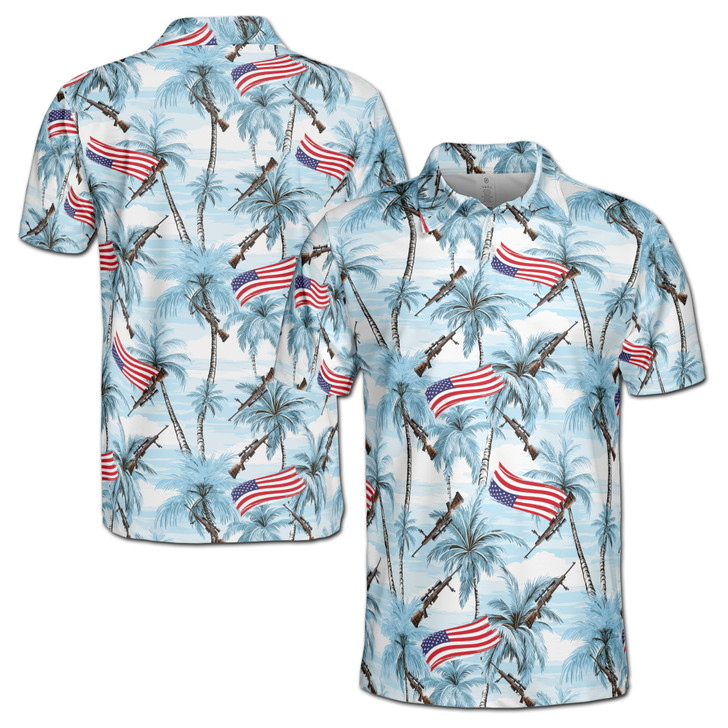 Gun Palm Tree USA Flag Blue 3D Men's Polo Shirt S-5XL