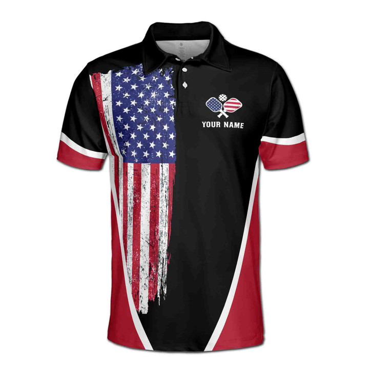 Custom Name Pickleball Paddle USA Black Red 3D Men's Polo Shirt S-5XL