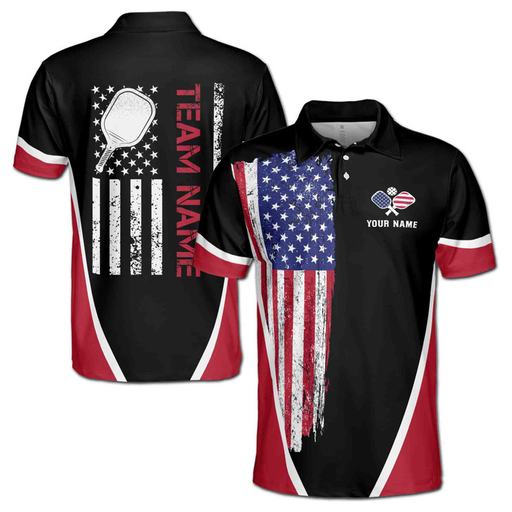 Custom Name Pickleball Paddle USA Black Red 3D Men's Polo Shirt S-5XL