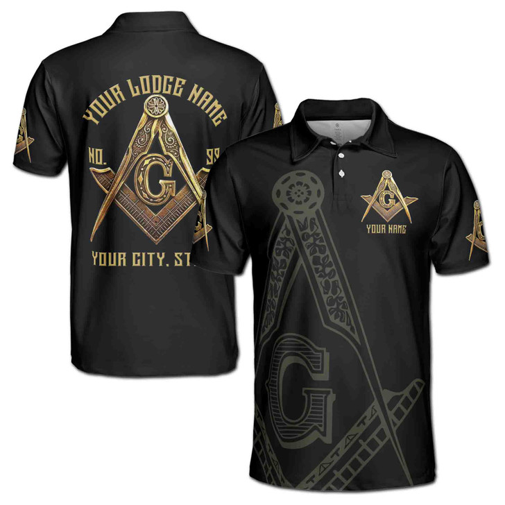 Custom Name Freemason Masonic Golden Symbol Black 3D Polo Shirt S-5XL