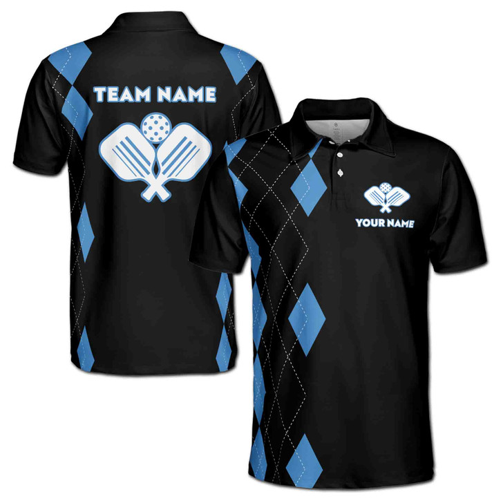 Custom Name Pickleball Paddle Diamond Black Blue 3D Men's Polo Shirt S-5XL