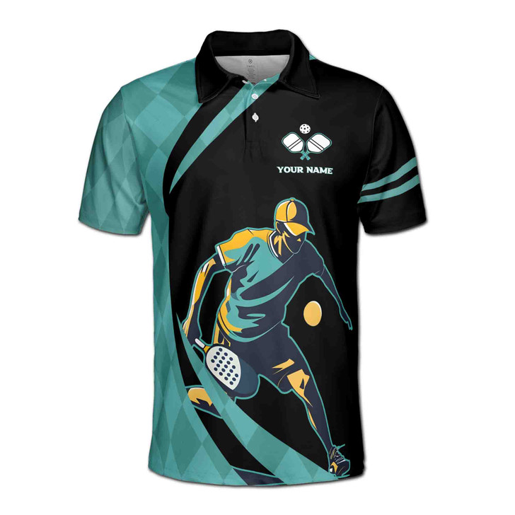 Custom Name Pickleball Paddle Player Black Teal 3D Men's Polo Shirt S-5XL