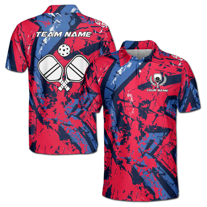 Custom Name Pickleball Paddle Wreath Grunge Red Blue 3D Men's Polo Shirt S-5XL