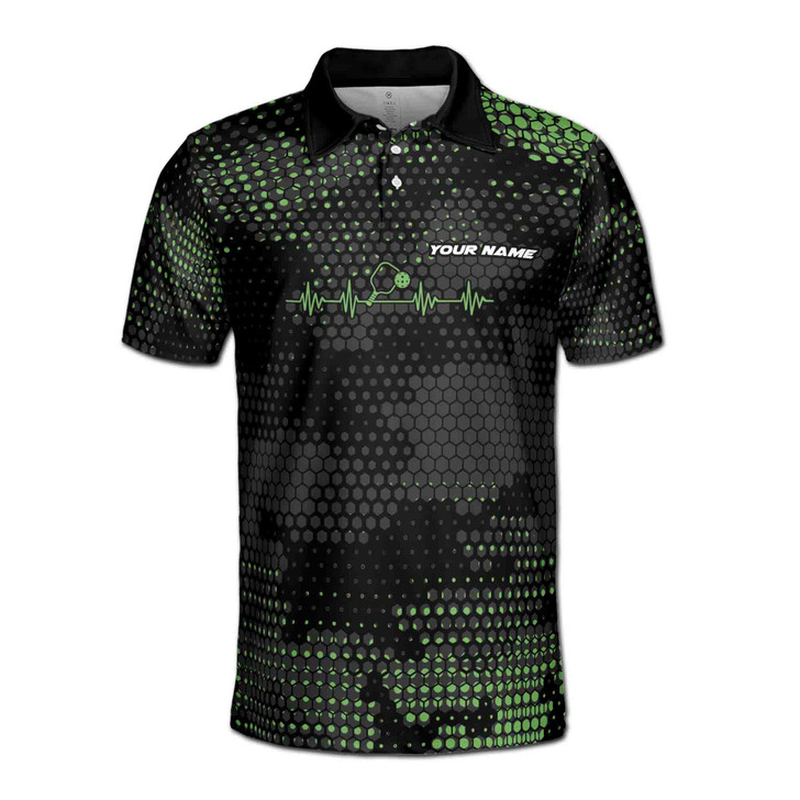 Custom Name Pickleball Paddle Heartbeat Black Green 3D Men's Polo Shirt S-5XL