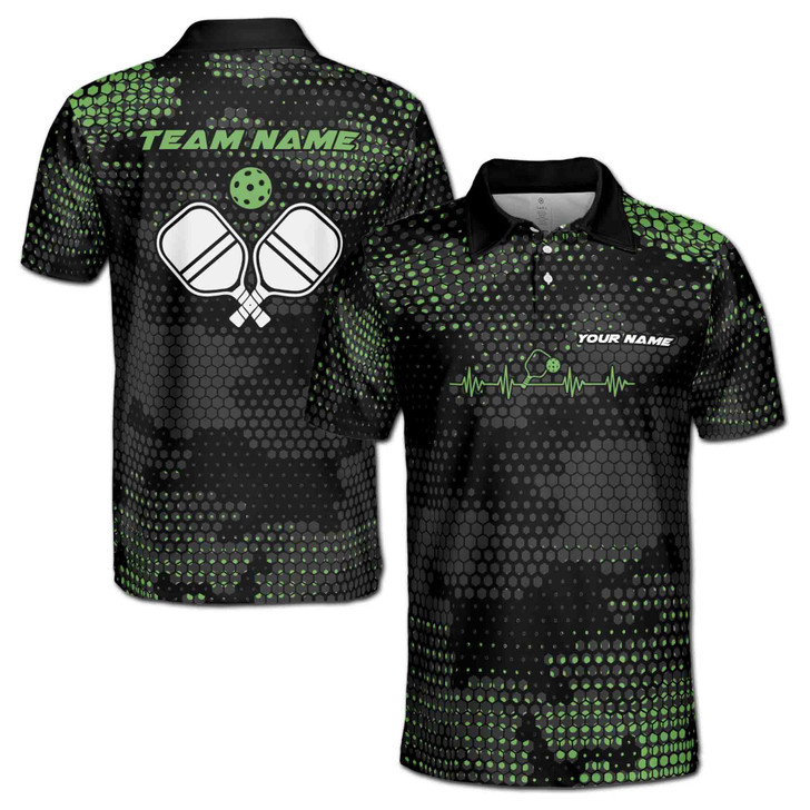 Custom Name Pickleball Paddle Heartbeat Black Green 3D Men's Polo Shirt S-5XL