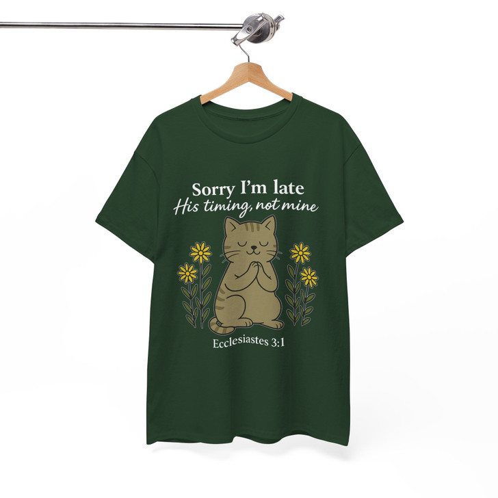 Sorry I'm Late His Timing Not Mine Shirt Cute Praying Cat Christian T-Shirt S-5XL