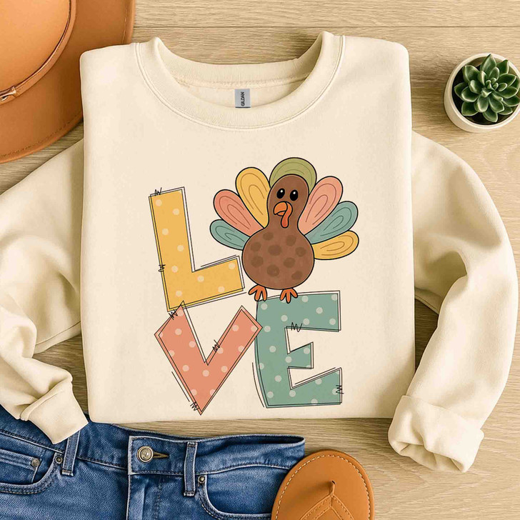 Love Turkey Cute Thanksgiving Sweatshirt Adult S-5XL
