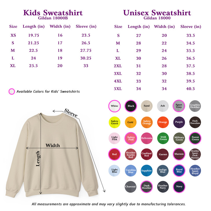 Sweatshirt Color and Size Chart