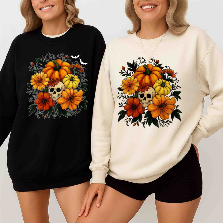 Retro Floral Pumpkin Halloween Sweatshirt Adult S-5XL