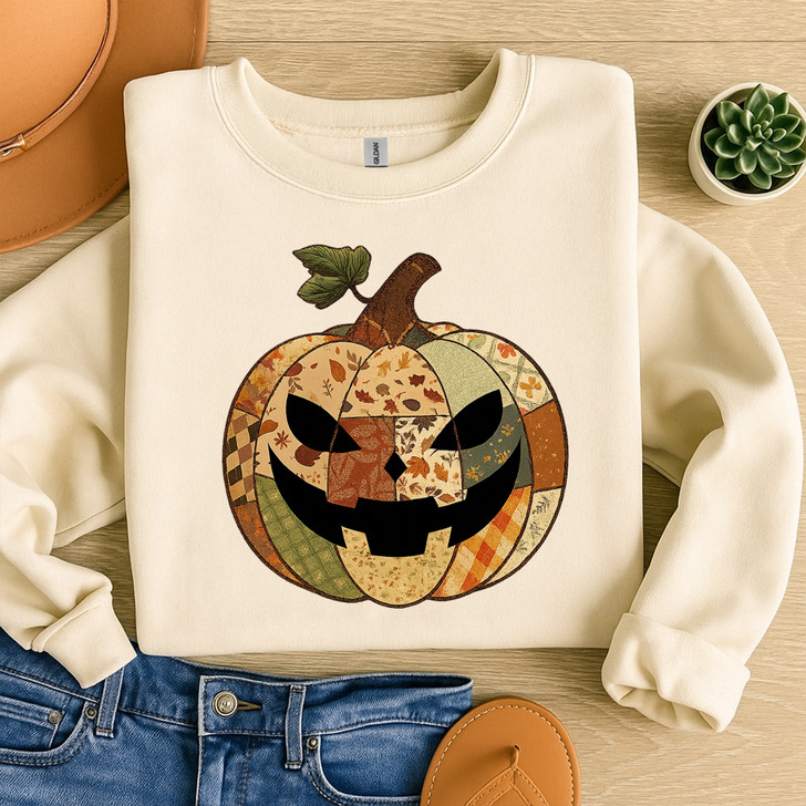Retro Patchwork Halloween Pumpkin Sweatshirt Adult S-5XL