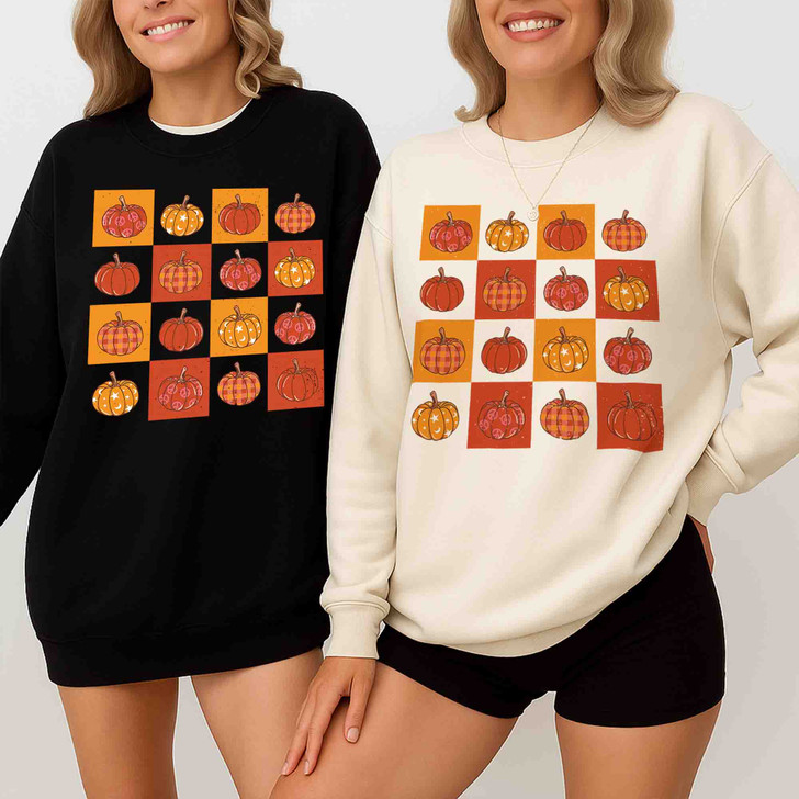 Retro Fall Pumpkins Shirt Vintage Checkered Autumn Sweatshirt S-5XL