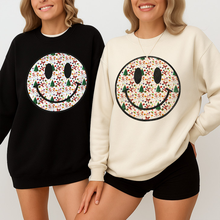 Smiley Holiday Christmas Winter Crewneck Sweatshirt S-5XL