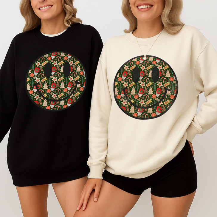 Festive Smiley Holiday Christmas Crewneck Sweatshirt S-5XL