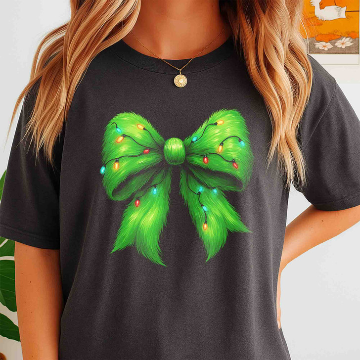 Cozy Colorful Christmas Lights Green Bow Shirt T-shirt S-5XL
