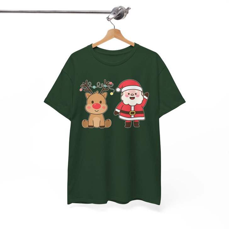 Festive Santa and Reindeer Cozy Holiday Crewneck Shirt T-shirt S-5XL