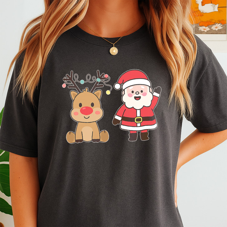 Festive Santa and Reindeer Cozy Holiday Crewneck Shirt T-shirt S-5XL