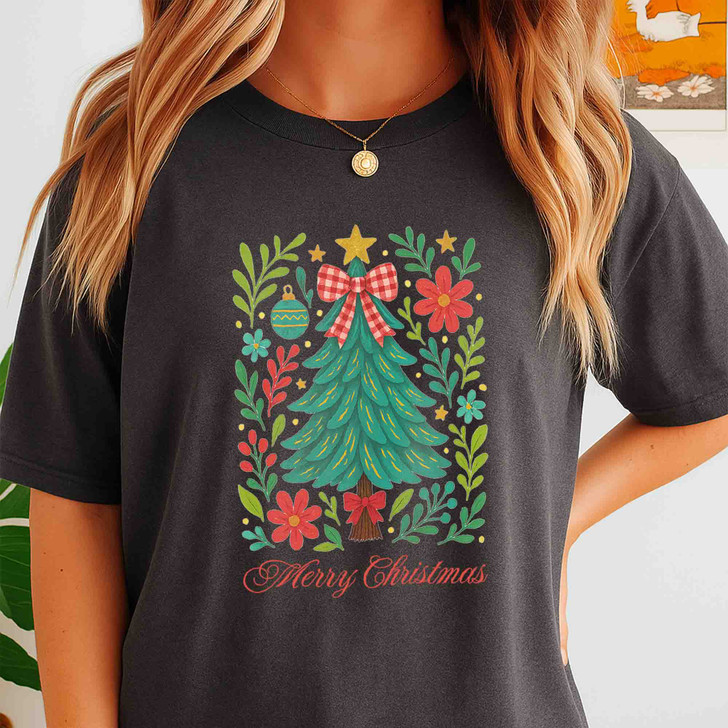 Watercolor Coquette Christmas Tree Floral Holiday T-shirt S-5XL