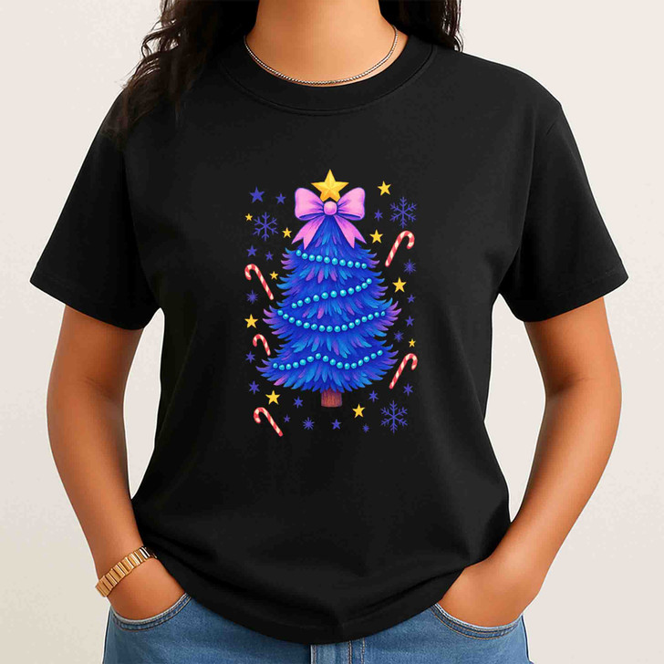 Glitter Coquette Christmas Tree Colorful Holiday T-shirt S-5XL