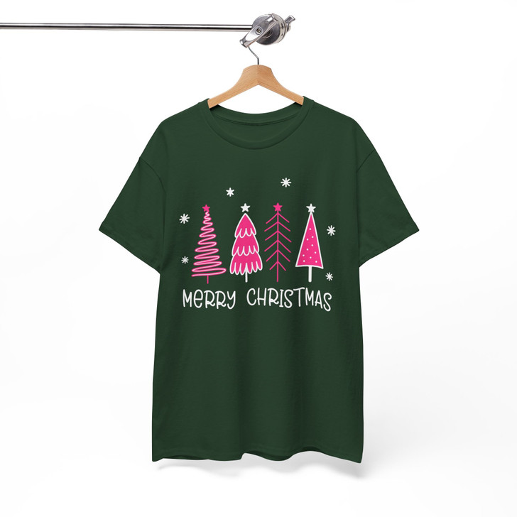 Pink Minimalist Christmas Tree Cozy Holiday T-shirt S-5XL