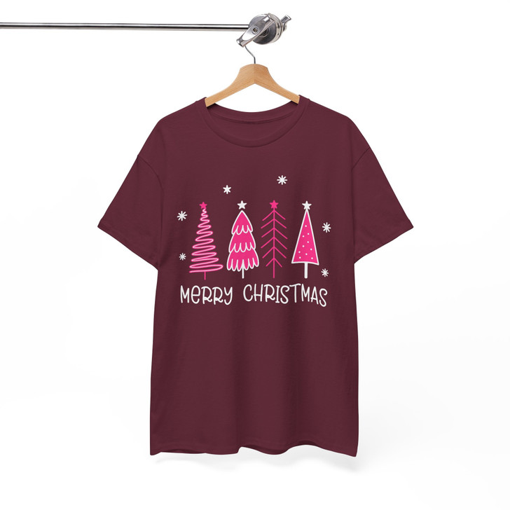 Pink Minimalist Christmas Tree Cozy Holiday T-shirt S-5XL