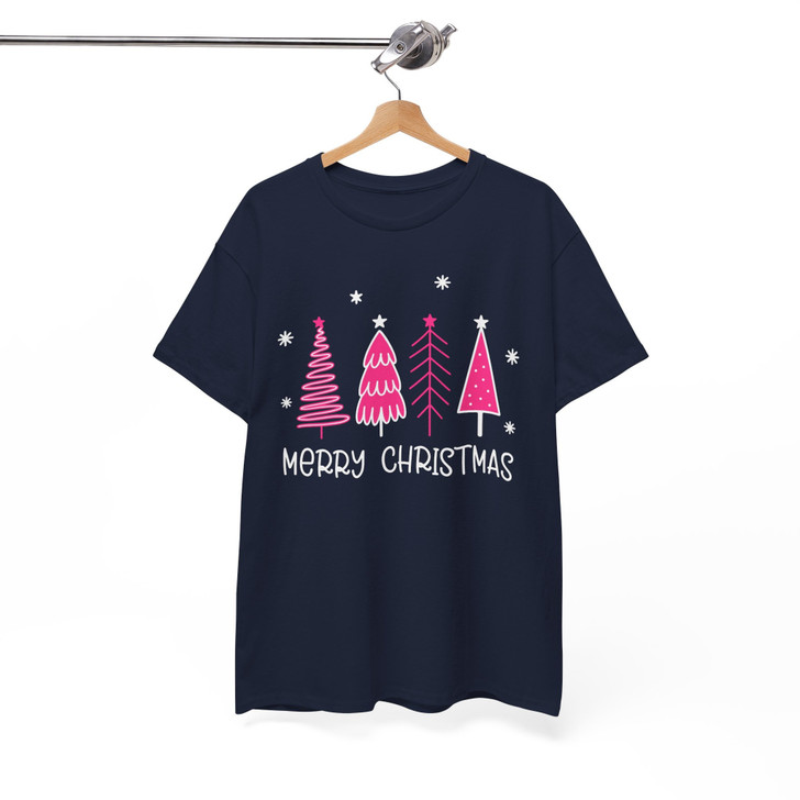 Pink Minimalist Christmas Tree Cozy Holiday T-shirt S-5XL