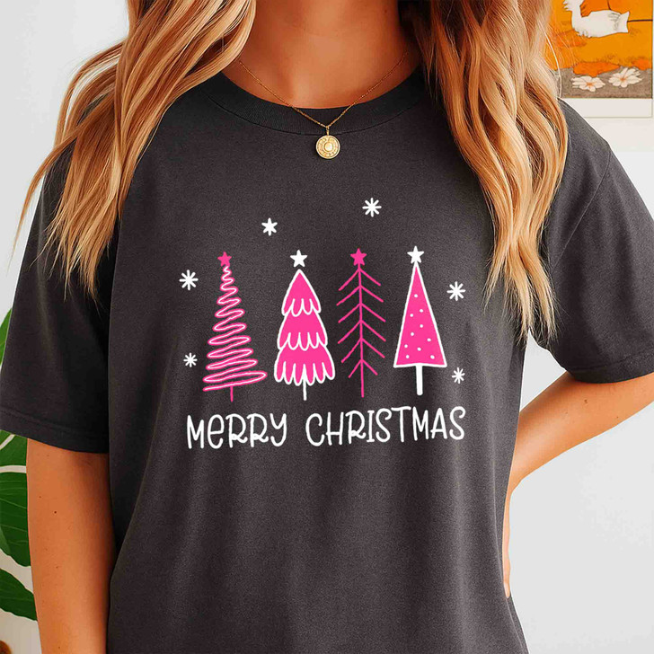 Pink Minimalist Christmas Tree Cozy Holiday T-shirt S-5XL