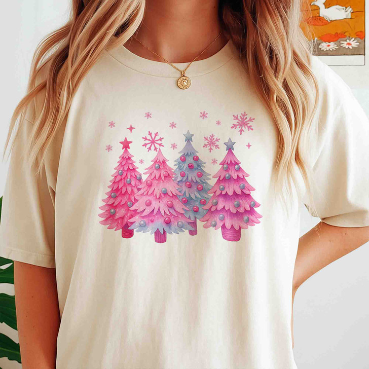 Pink Christmas Tree Cute Cozy Winter Crewneck Shirt T-shirt S-5XL