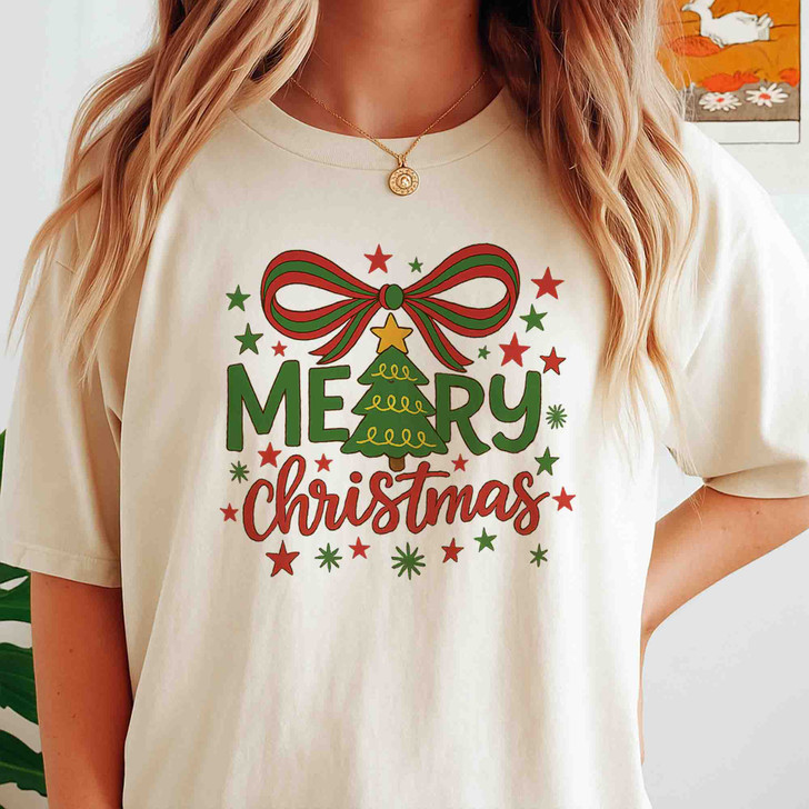 Pink Bow Christmas Tree Cozy Holiday Crewneck Shirt T-shirt S-5XL