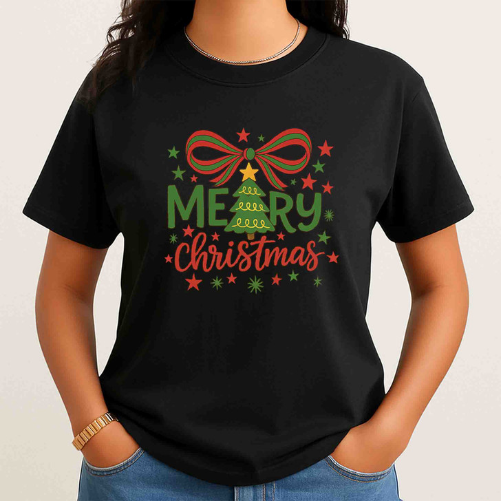 Pink Bow Christmas Tree Cozy Holiday Crewneck Shirt T-shirt S-5XL