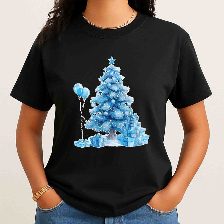 Coquette Blue Bow Christmas Tree Preppy Holiday T-shirt S-5XL